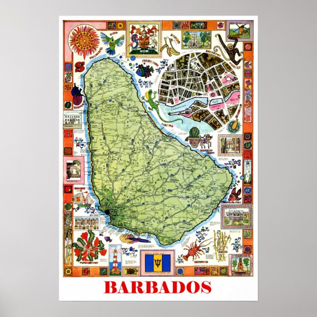 Póster Barbados, mapa de islas, atracciones turísticas, c (Frente)