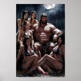 Póster Bárbaro musculoso rodeado de mujeres sexys