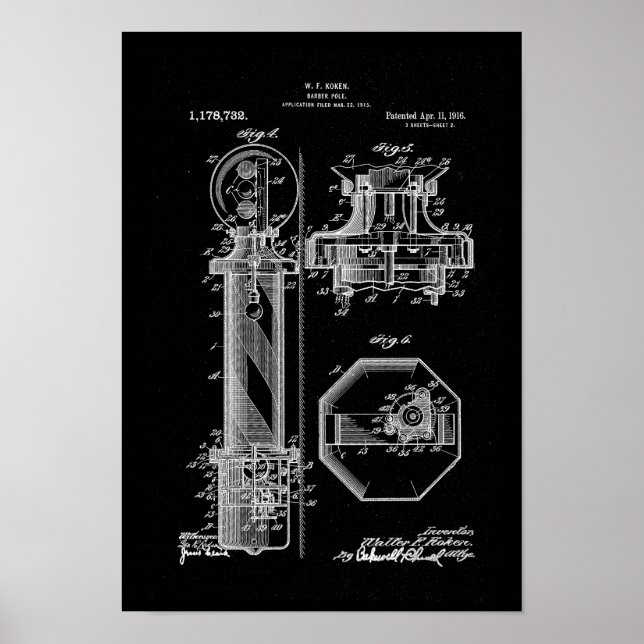 Póster Barber Pole Poster Patent Illustrations black (Frente)