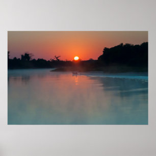 Póster Barca al amanecer en el río