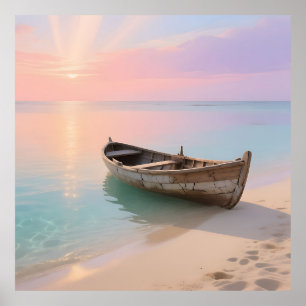 Póster Barca de Madera Atardecer Tropical en la Playa