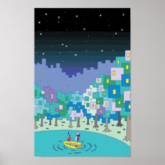 Póster Barca flotando en el lago y un cielo estrellado.