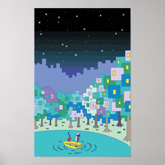 Póster Barca flotando en el lago y un cielo estrellado. (Frente)