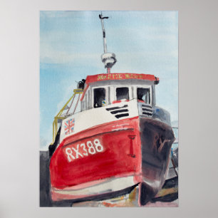 Póster Barca Roja Acuarela Costera
