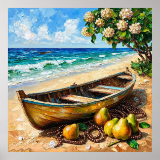 Póster Barca Rústica, Peras Maduras y Flores