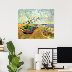 Póster Barcas de Pesca en la Playa en Saintes Maries de V