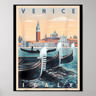 Póster Barcas góndola retro con silueta de Venecia Italia