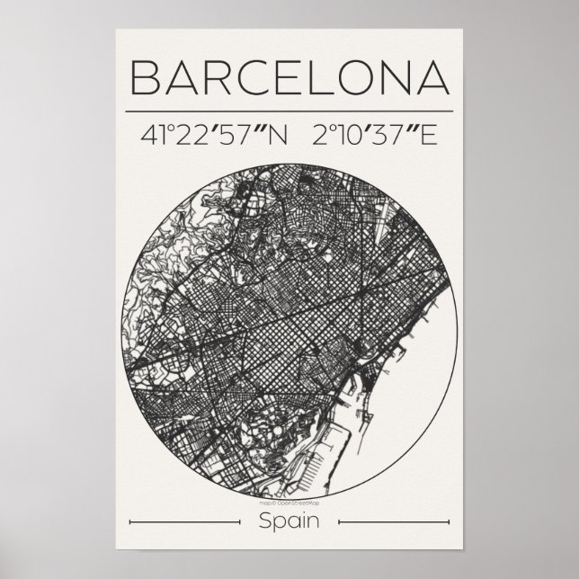 Póster Barcelona Charcoal City Map Poster Minimal Europe (Frente)