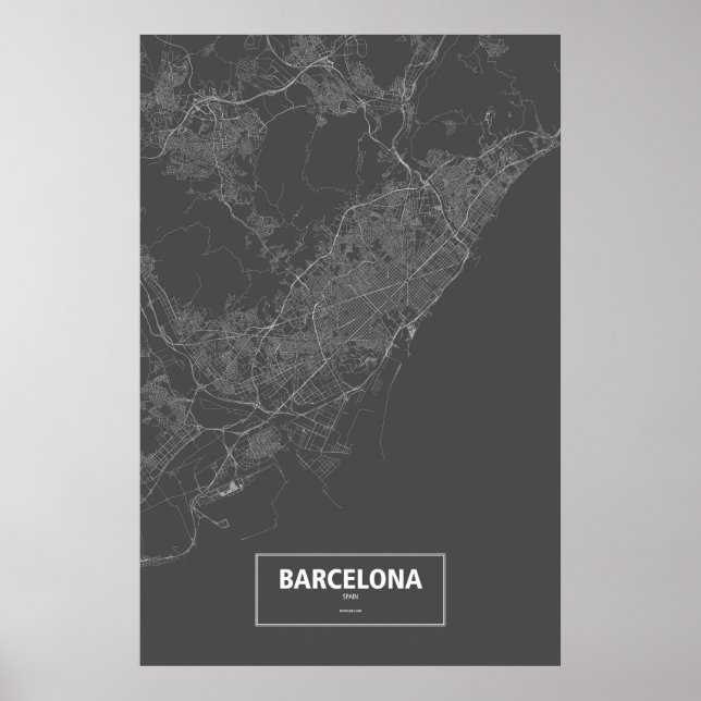 Póster Barcelona, España (blanco sobre negro) (Frente)