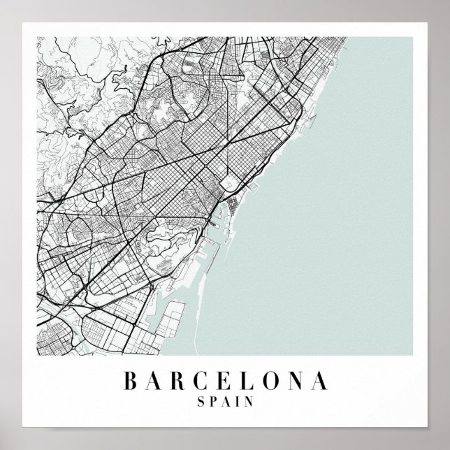 Póster Barcelona España Blue Water Street Map (Frente)
