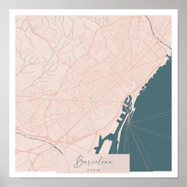 Póster Barcelona España Calle de guiones rosados y azules (Frente)