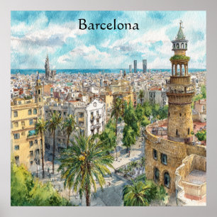 Póster Barcelona España Cataluña Vista de Ciudad Pintura 