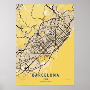 Póster Barcelona - España Mapa de la Ciudad Amarilla