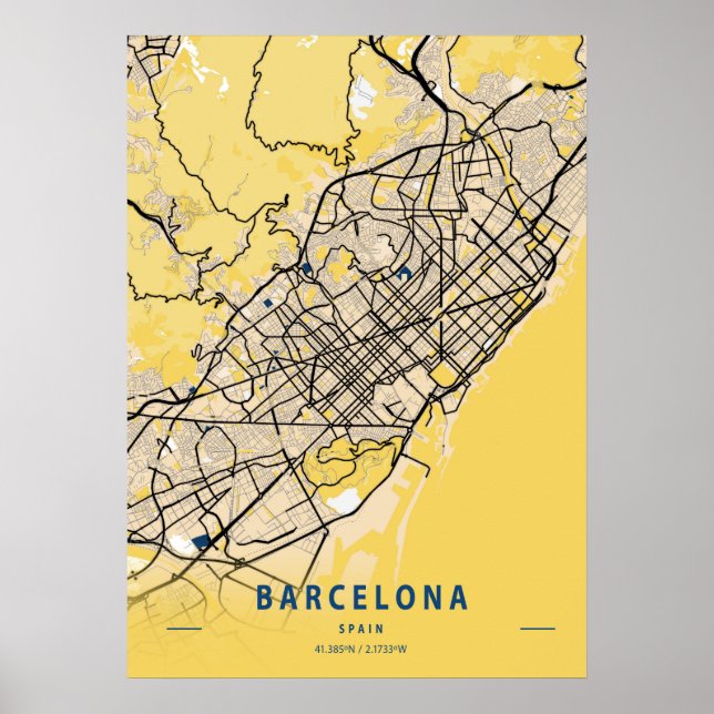 Póster Barcelona - España Mapa de la Ciudad Amarilla (Frente)