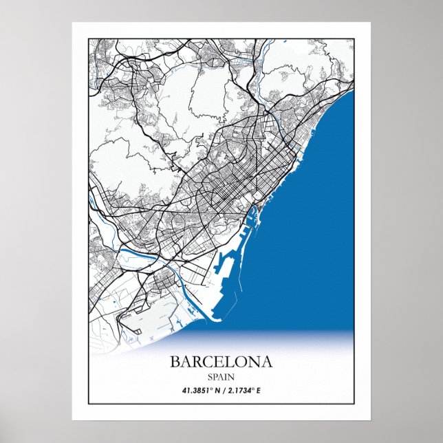 Póster Barcelona España Mapa Viaje Simple Mínimo (Frente)