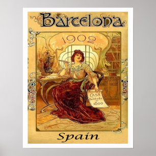 Póster Barcelona, España, mujer escribiendo una carta, vi