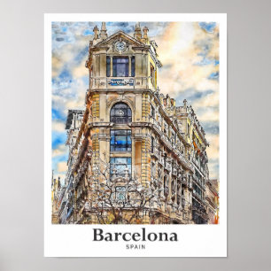 Póster Barcelona España Trae mano de color de agua de via