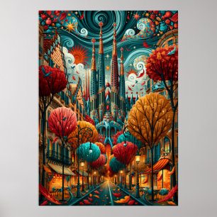 Póster Barcelona Sagrada Familia Paisaje Urbano Psicodéli