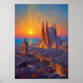 Póster Barcelona Sagrada Familia Pointillism Sunset Art
