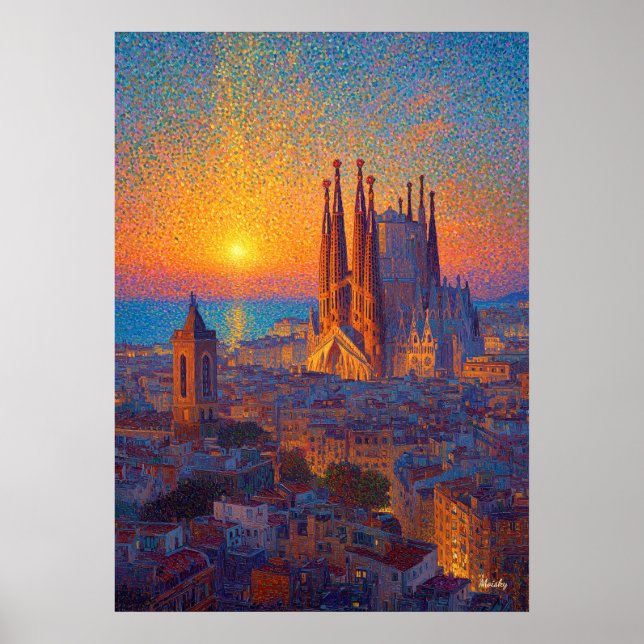 Póster Barcelona Sagrada Familia Pointillism Sunset Art (Frente)
