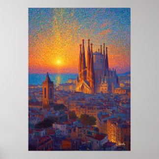 Póster Barcelona Sagrada Familia Puntillismo Atardecer Ar