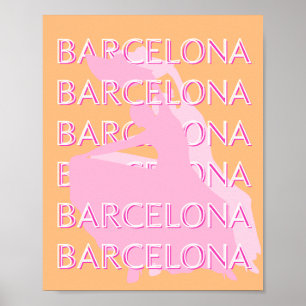 Póster Barcelona Travel Art, España, Naranja, Rosa