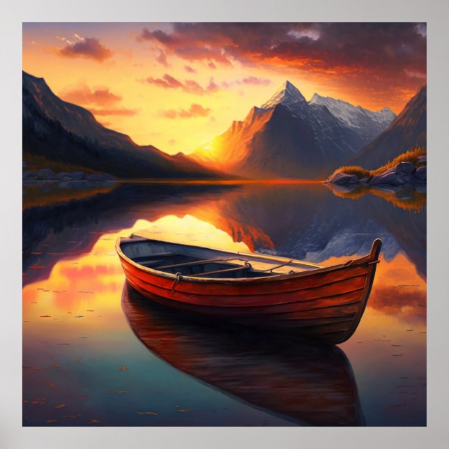 Póster Barco al atardecer en el lago con fondo de montaña (Frente)