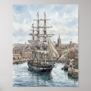 Póster Barco alto histórico en el puerto europeo de aguas