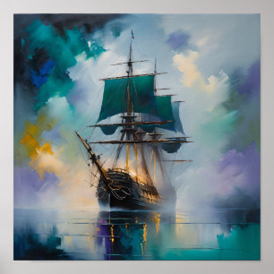 Póster Barco alto místico en niebla – Pintura náutica oní