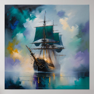 Póster Barco alto místico en niebla – Pintura náutica oní