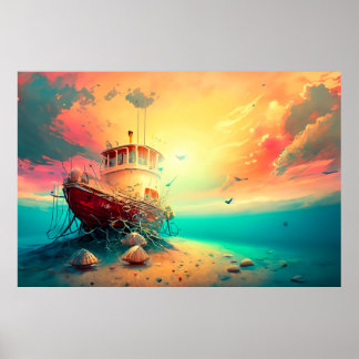 Póster Barco camaronero al atardecer
