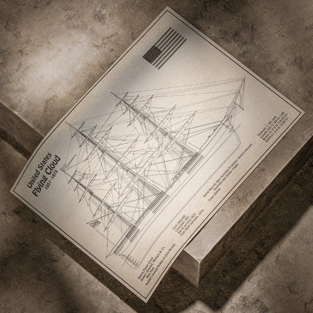 Póster Barco Clipper Flying Cloud - Plano del barco SD (Clipper Ship Flying Cloud - Ship Blueprint SD. Poster)