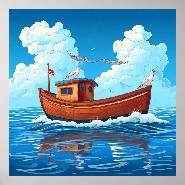 Póster Barco Colorido Flotando en las Olas del Océano (Frente)