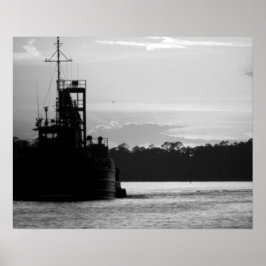 Póster Barco de cangrejo blanco y negro al atardecer 16x2