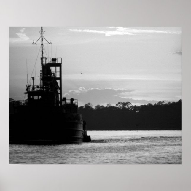 Póster Barco de cangrejo blanco y negro al atardecer 16x2 (Frente)