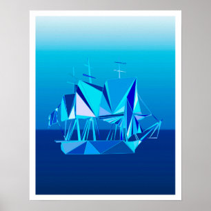 Póster Barco de Clipper Geométrico Moderno, Azul Cobalto