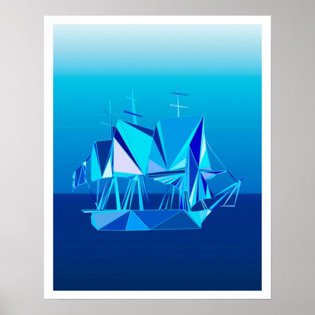 Póster Barco de Clipper Geométrico Moderno, Azul Cobalto (Frente)