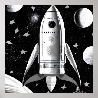 Póster Barco de cohetes retro de B&W
