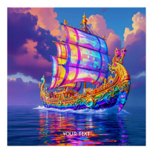 Póster Barco de colores de arcoiris bandidos con fantasía