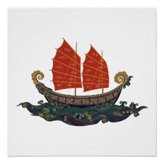 Póster Barco de Junk de Vela Roja Barco del Tesoro Chino