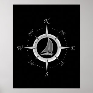 Póster Barco De Navegación Y Rosa De Brújula
