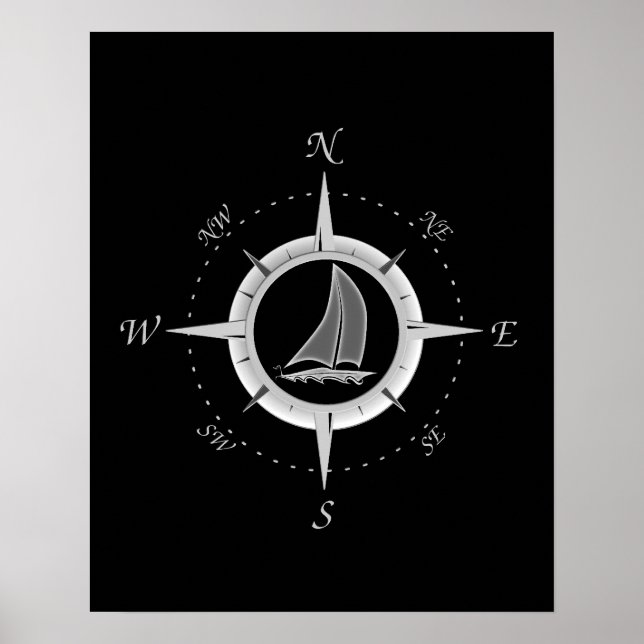 Póster Barco De Navegación Y Rosa De Brújula (Frente)