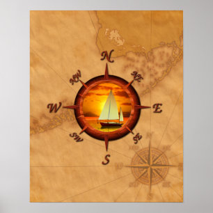 Póster Barco De Navegación Y Rosa De Brújula