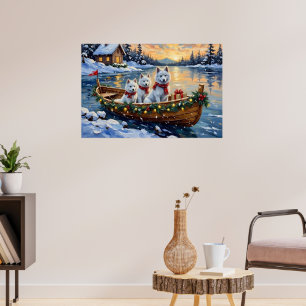 Póster Barco de Navidad de Samoyedo Blanco Fiesta