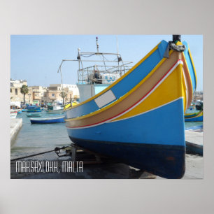Póster Barco de pesca a rayas tradicional Marsaxlokk Malt
