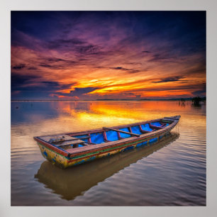 Póster Barco De Pesca Al Amanecer Playa Jubakar