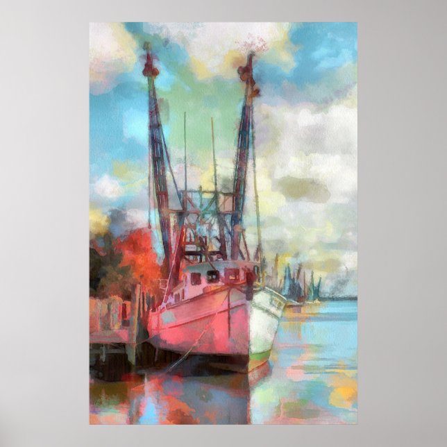 Póster Barco de pesca de acuarela al atardecer (Frente)