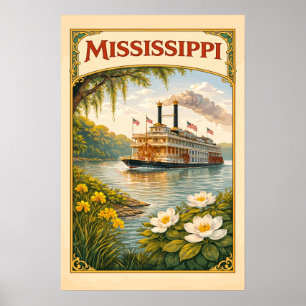 Póster Barco de Vapor del Río Mississippi Vintage