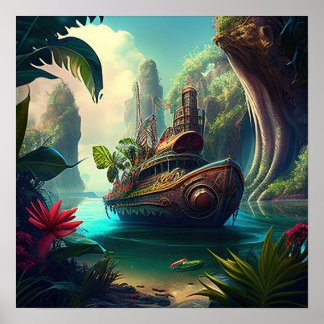 Póster Barco de vapor en un realismo mágico de la jungla