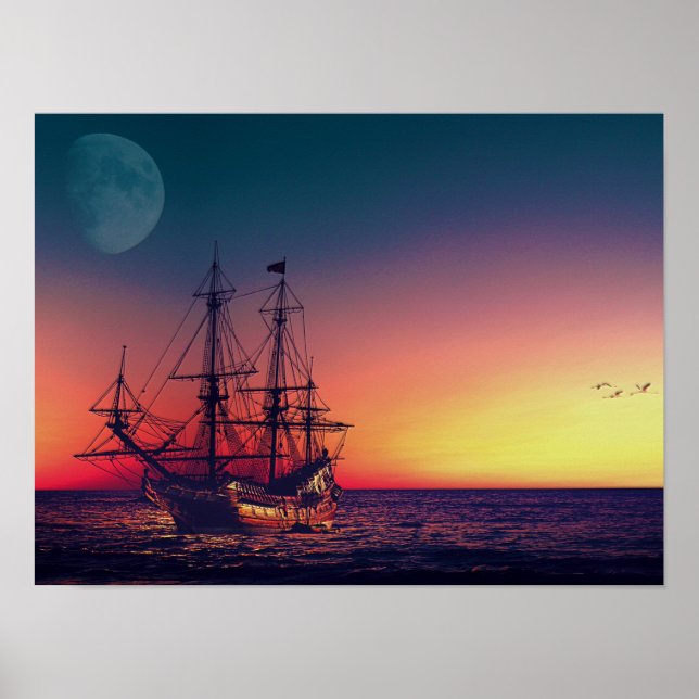 Póster Barco de vela al atardecer (Frente)